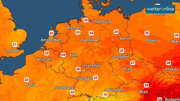 Wetterkarte mit Temperaturen über Mitteleuropa. In Deutschland meist 22 bis 25 Grad.