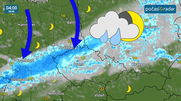Meteoradar, screenshot, 5. září, 4:00: V noci na sobotu bude přes Česko od severu přecházet studená fronta.