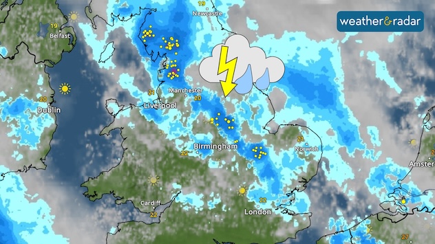 UK weather radar map showing widespread showers and thunderstorms across northern and central England, highlighted by yellow lightning strike markers. A storm symbol with cloud and lightning indicates active thunderstorm risk around the Manchester and Leeds areas. Brighter conditions are seen over southern Ireland and Wales, with some sun icons visible.