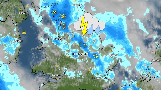 UK weather radar map showing widespread showers and thunderstorms across northern and central England, highlighted by yellow lightning strike markers. A storm symbol with cloud and lightning indicates active thunderstorm risk around the Manchester and Leeds areas. Brighter conditions are seen over southern Ireland and Wales, with some sun icons visible.