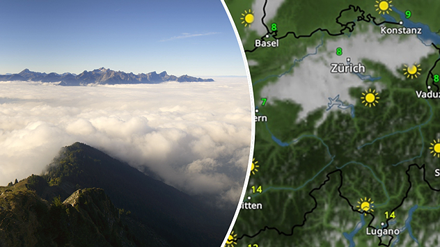 Links ist eine Berglandschaft mit Nebelmeer und klarem Himmel über den Alpen zu sehen. Rechts zeigt die Wetterkarte der Schweiz viel Sonne mit Nebelfeldern im Flachland.