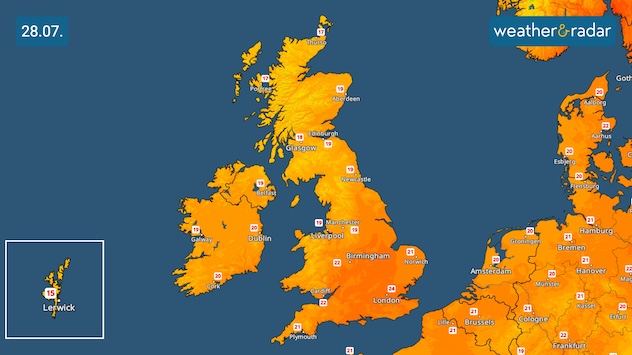 Temperature map of the UK and Ireland with a cut-out showing Shetland. Highest temperature for the UK 24 °C in London, in Ireland both Dublin and Cork show 20 °C.