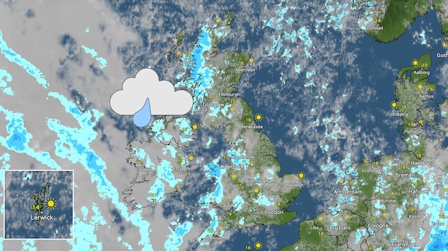 Weather map showing light showers over Ireland and western areas of the UK. Patchy cloud cover elsewhere.