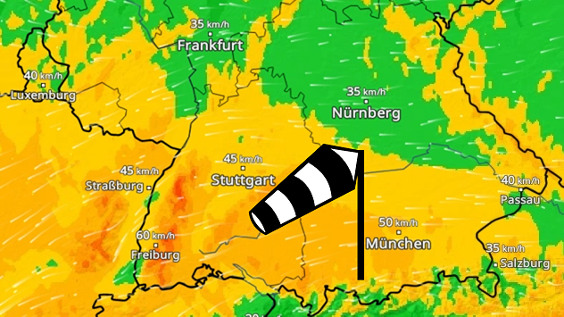 Karte von Süddeutschland mit Windgeschwindigkeiten in km/h. Gelb-orange Bereiche zeigen stärkeren Wind, grün schwächeren. Windsack-Icon markiert die windige Wetterlage.