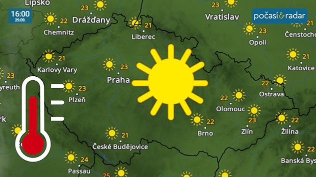 Meteoradar, screenshot, 29. 9. 16:00: Nový týden nabídne slunečné a přes den i velmi teplé počasí.