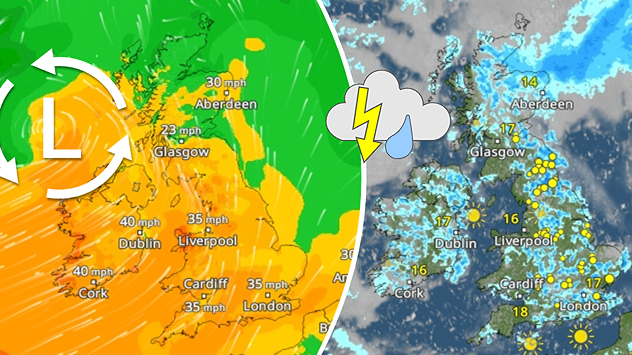 Split weather graphic showing a low-pressure wind forecast over the UK and Ireland on the left with gusts up to 40 mph, and a satellite map on the right displaying widespread showers, thunderstorms, and lightning activity across the UK.