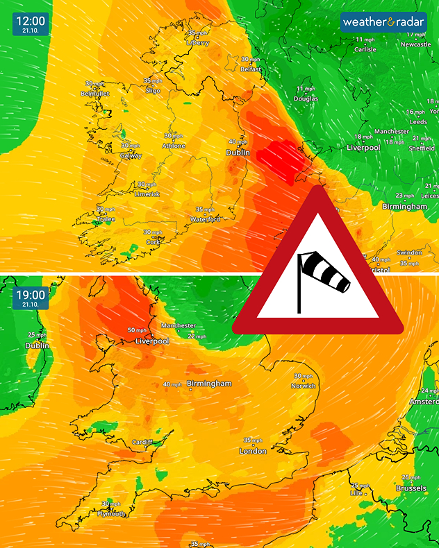 Two-panel wind forecast for 21.10 showing 30–40 mph winds across Ireland at noon and up to 50 mph near Liverpool by 19:00, with a warning symbol.
