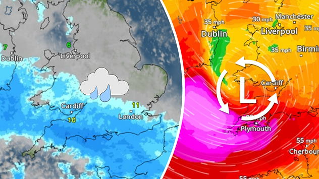 Split weather map showing Thursday evening rain across southern Britain and a deep low near southwest England, with 65 mph winds near Cork.