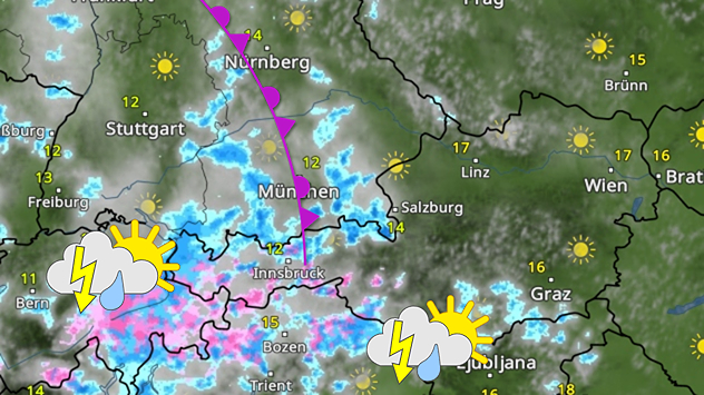 Eine Wetterkarte von Österreich zeigt Schauer und Gewitter im Süden und Westen. Über Bayern und Tirol ist zudem eine pinke Wetterfront eingezeichnet. Im Norden und Osten ist es freundlich.