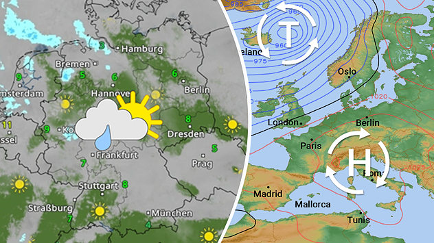 WetterRadar für Freitag und Wetterlage mit Deutschland zwischen einem Hoch und einem Tief