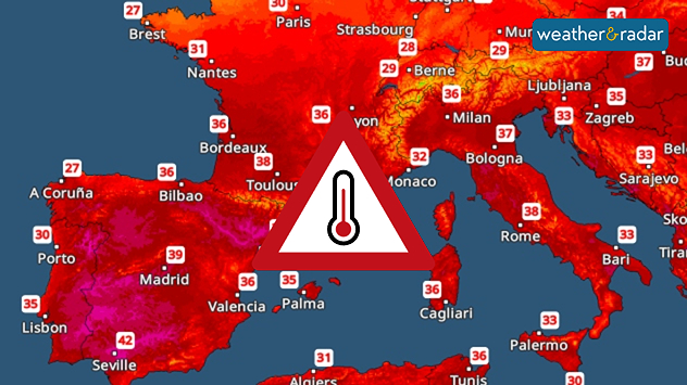 Temperature map showing very hot temperatures across the Mediterranean.