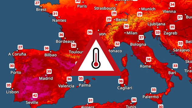 Temperature map showing very hot temperatures across the Mediterranean.