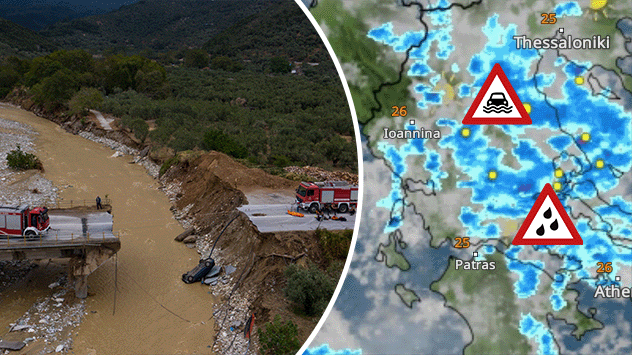 Kaputte Brücke in Griechenland und WetterRadar
