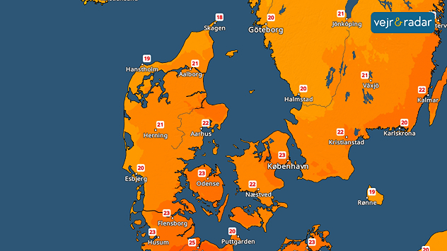 VejrRadar over Danmark med sommerlige temperaturer mellem 18 og 25 grader i store dele af landet.