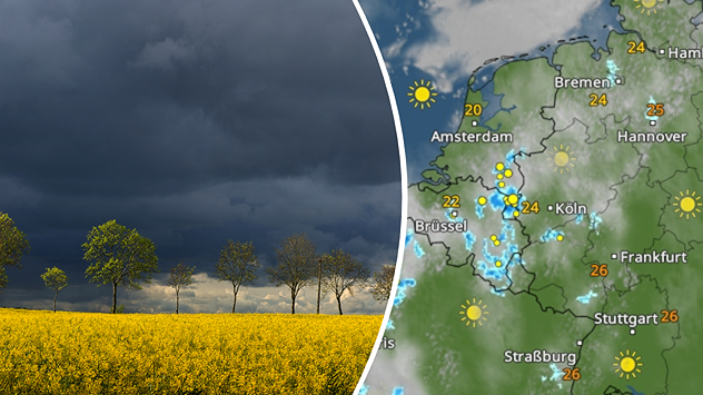 Links: Dunkle Gewitterwolken über einem Rapsfeld. Rechts: Das WetterRadar für Samstagabend.
