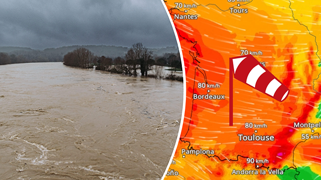 Crue d'une rivière à côté d'une carte météo montrant une zone de tempête au-dessus de la France. Vitesses du vent indiquées jusqu'à 90 km/h.