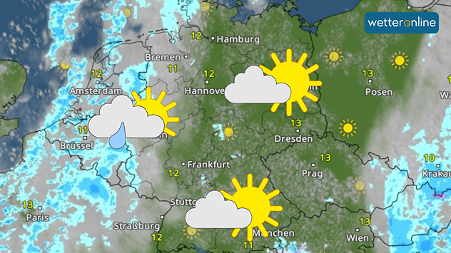 Wetterkarte für Deutschland mit sonnigem Osten und wolkigerem Westen am Sonntag.