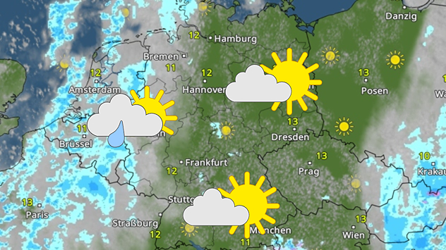 Wetterkarte für Deutschland mit sonnigem Osten und wolkigerem Westen am Sonntag.