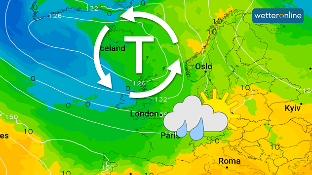 Wetterkarte zeigt Tief über Großbritannien und Island