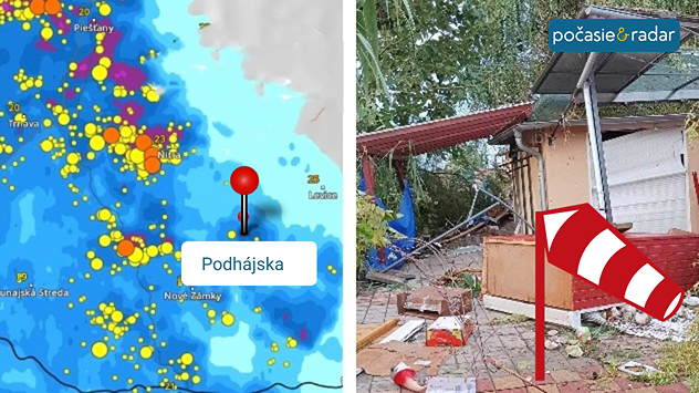 Rozdelená grafika s búrkovou radarovou mapou pri Podhájskej naľavo a fotografiou škôd po silnom vetre napravo, doplnená veterným rukávom.