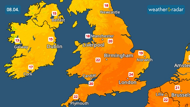 Temperature map of the UK and Ireland dated 08.04 showing daytime highs in orange shades, with values around 13 in western Ireland up to 24 in London and southeast England.