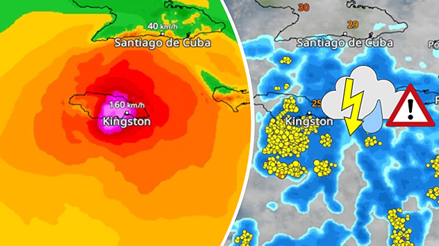 Das WindRadar zeigt den Hurrikan am Dienstag über Jamaika und das WetterRadar Starkregen und schwere Gewitter Das WindRadar zeigt den Hurrikan am Dienstag über Jamaika und das WetterRadar Starkregen und schwere Gewitter