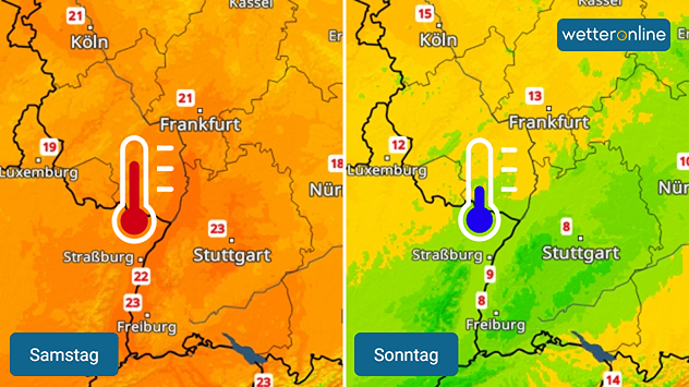Links: Eine Farbkarte von Südwestdeutschland zeigt am Samstag Temperaturen zwischen 19 und 24 Grad, dazu ist ein rotes Thermometer zu sehen; Rechts: Eine Farbkarte von Südwestdeutschland zeigt am Sonntag Temperaturen zwischen 8 und 15 Grad, dazu ist ein blaues Thermometer zu sehen