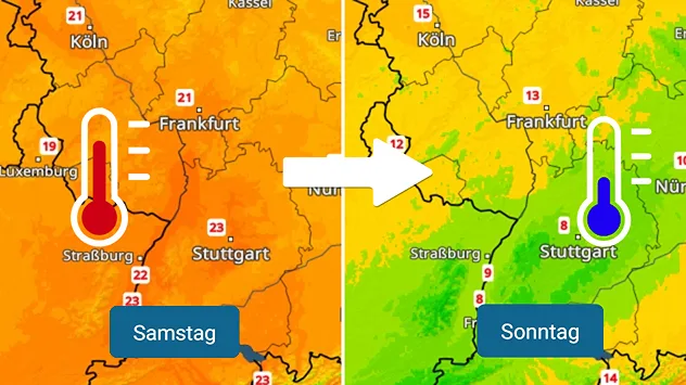 Links: Eine Farbkarte von Südwestdeutschland zeigt am Samstag Temperaturen zwischen 19 und 24 Grad, dazu ist ein rotes Thermometer zu sehen; Rechts: Eine Farbkarte von Südwestdeutschland zeigt am Sonntag Temperaturen zwischen 8 und 15 Grad, dazu ist ein blaues Thermometer zu sehen