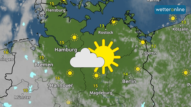 Wetterkarte mit Sonne und wenigen Wolken über Nordostdeutschland, Temperaturen um 15 Grad.