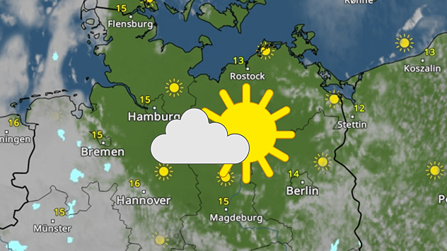 Wetterkarte mit Sonne und wenigen Wolken über Nordostdeutschland.