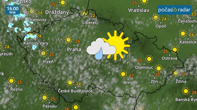 Meteoradar, screenshot, 29. srpna 16:00: V sobotu nás po přechodu fronty čeká klidné a také poměrně slunečné počasí s příjemnými odpoledními teplotami kolem 26 °C.