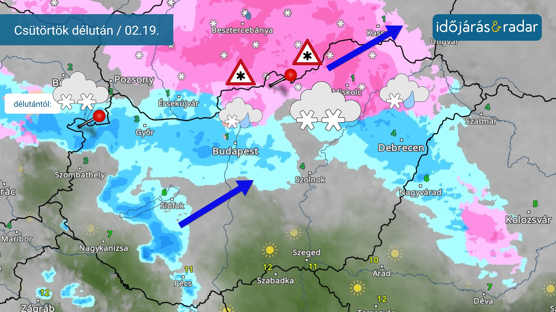 időájárási helyzetkép csütörtökre: a havas részeket mlátjuk ÉK-n, és az esős előrejelzett részeket másutt