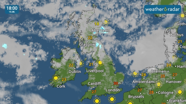 Weather map of the UK and Ireland showing clearer skies over England, Wales, and Ireland. A high of 30 °C in London. Cloudier in Scotland with a high of 22 °C in Glasgow.