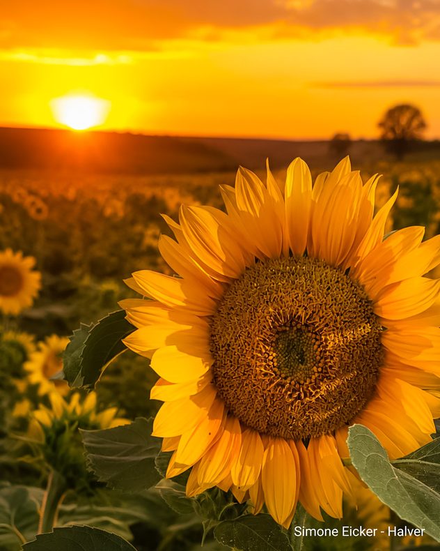 Nahaufnahme einer leuchtend gelben Sonnenblume vor einem Sonnenblumenfeld bei goldenem Sonnenuntergang.