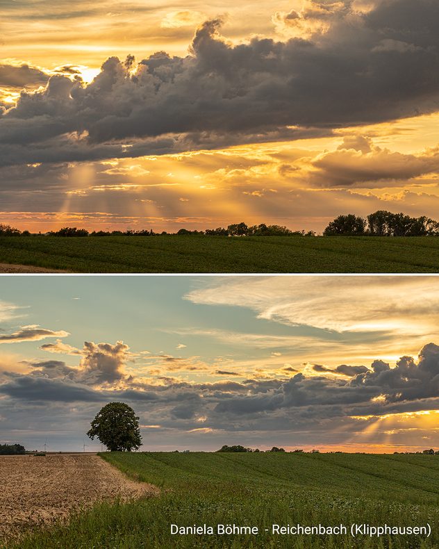 Zwei Landschaftsaufnahmen zeigen dramatische Gewitterwolken mit Sonnenstrahlen über Feldern und einem einzelnen Baum im warmen Abendlicht.