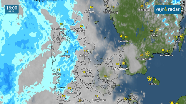 VejrRadar over Danmark kl. 16.00 den 8. juni med regn på vej ind fra vest og sol i øst.