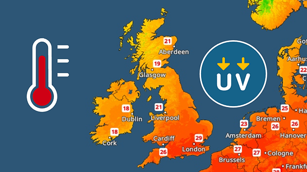 Temperature map of the UK and western Europe showing warm orange conditions with temperatures above 20°C, alongside thermometer and UV icons indicating strong sunshine and elevated UV levels.