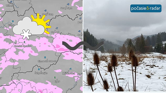 Rozdelený obrázok. Vľavo snímka meteoradaru so slabými snehovými prehánkami, vpravo mierne zasnežená lúka. Medzi nimi symbol vlnovky ako symbol miernej zimy.