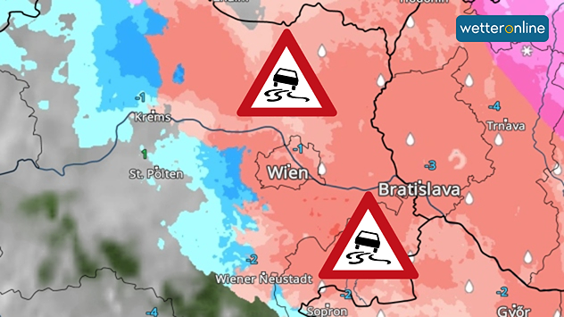 Das WetterRadar zeigt gefrierenden Regen rund um Wien.