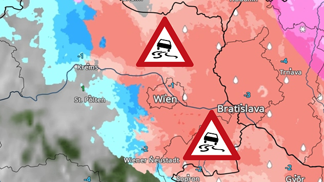 Das WetterRadar zeigt gefrierenden Regen rund um Wien.