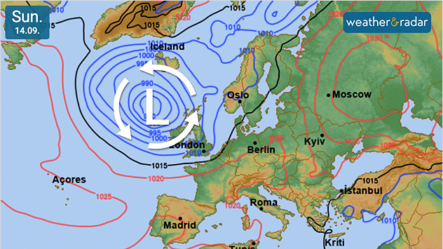 Weather map of Europe dated Sunday, 14 September, showing pressure systems. A large low-pressure system with tightly packed isobars is centred to the west of Ireland and the UK, marked by blue contour lines and a white swirl symbol. Red contour lines mark areas of higher pressure, with a broad high centred over Russia near Moscow.