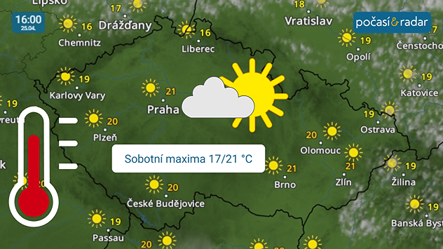 Meteoradar, screenshot, 25. dubna 16:00: Sobota v Česku nabídne slunečné a odpoledne i příjemně teplé počasí.
