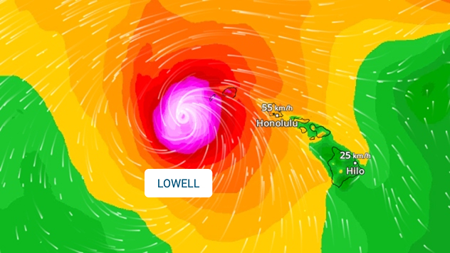 A WindRadar képe a Hawaii-szigetek északnyugati részén található Lowell hurrikánról és annak jól kirajzolódó viharközpontjáról.