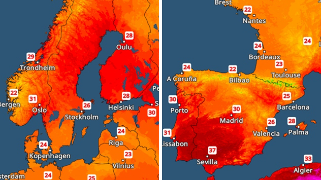 De temperatuurradar laat zien dat Oslo met 31 graden momenteel warmer is dan Barcelona met 25 graden