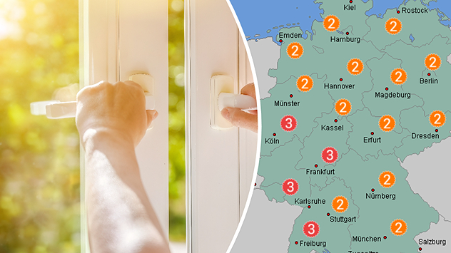 Geöffnetes Fenster bei sonnigem Wetter und daneben eine Karte mit Pollenbelastung in Deutschland.