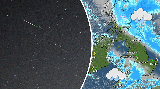 Split image showing a bright green meteor streaking across a starry night sky beside a UK weather map with rain over Scotland and southern England.