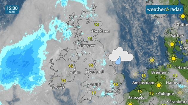 Weather map at 12:00 on 12.10 showing rain approaching western Ireland, scattered showers near eastern England and temperatures of 11–17°C.