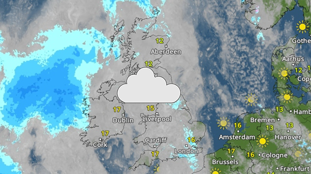 Weather map showing extensive cloud over the UK and Ireland, a broad blue rain band approaching western Ireland and temperatures of 12–17°C.