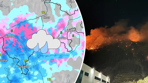 Links das WetterRadar fürs Tessin mit einem Regensymbol, rechts ein Waldbrand in der Nacht.