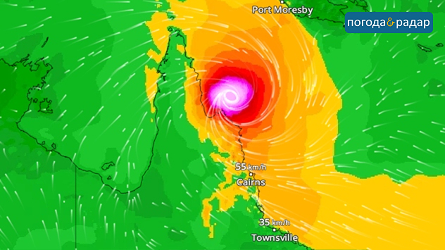 Карта вітрів із потужним циклоном біля північно-східного узбережжя Австралії. Червоним центром позначено шторм 5-ї категорії поблизу Кернса. Навколишні райони характеризуються сильними вітровими потоками.